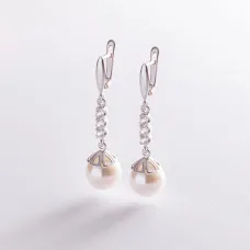 Серебряные серьги (искусственный жемчуг, фианиты) 121240 Оникс
