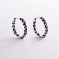 Серебряные серьги - кольца с черными фианитами 087610 Оникс