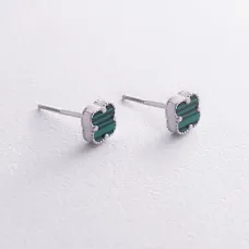 Серебряные серьги - пусеты Клевер с малахитом mini 123293 Оникс