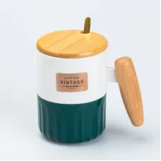 Кружка керамічна з кришкою та ложкою TS Kitchen Vintage 400 мл зелена з білим (HP7204GR)