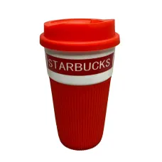 Стакан керамічний із силіконовою кришкою UKC 400 мл Starbucks 9703 червоний з білим