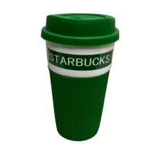 Склянка керамічна з силіконовою кришкою UKC 400 мл Starbucks 9703 зелений з білим