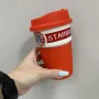 Стакан керамічний із силіконовою кришкою UKC 360 мл Starbucks 9702 червоний з білим